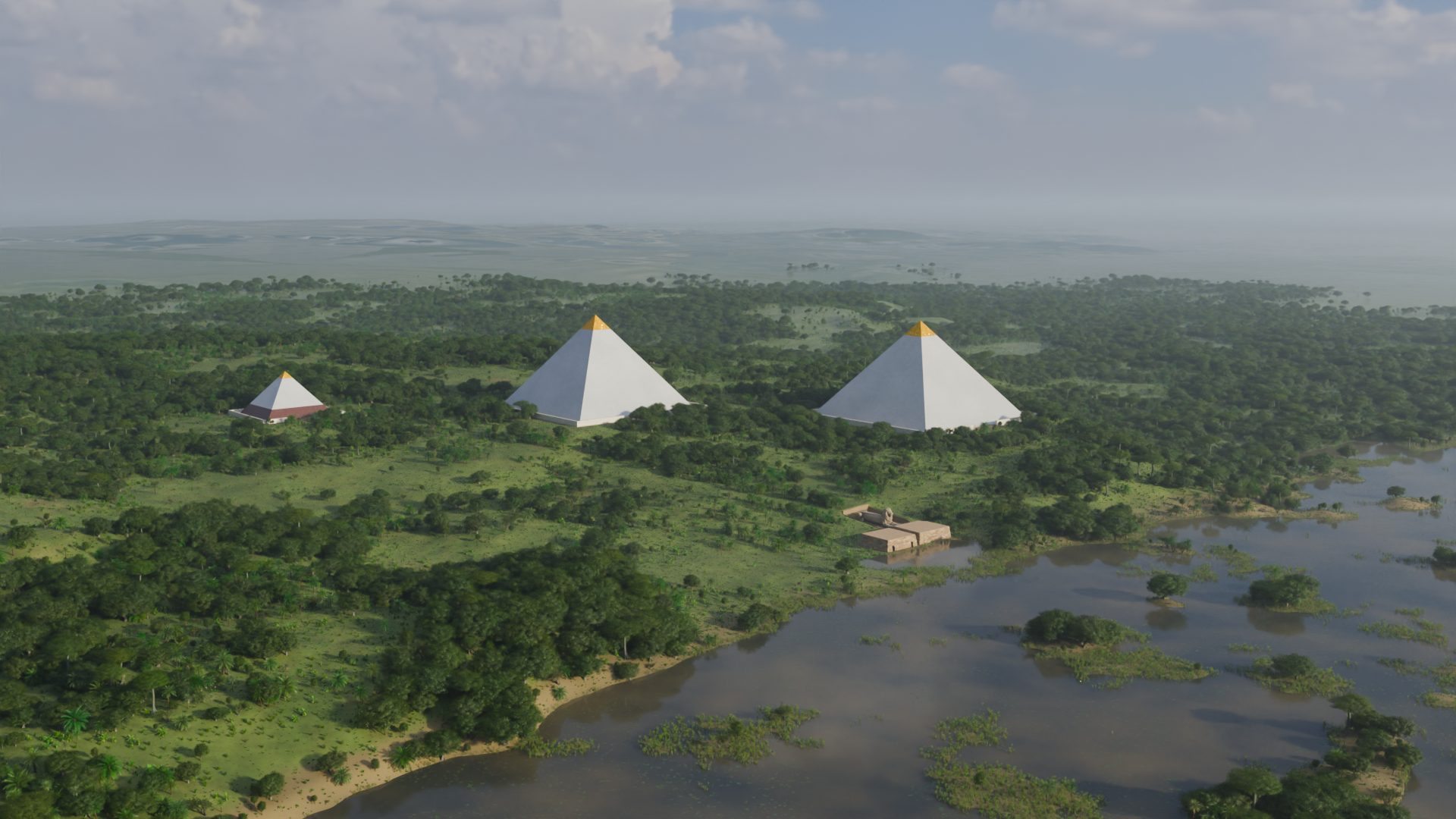 The three Giza pyramids, cased white with gold caps, rising from a tropical forest beside a flooded valley, seen from the air.