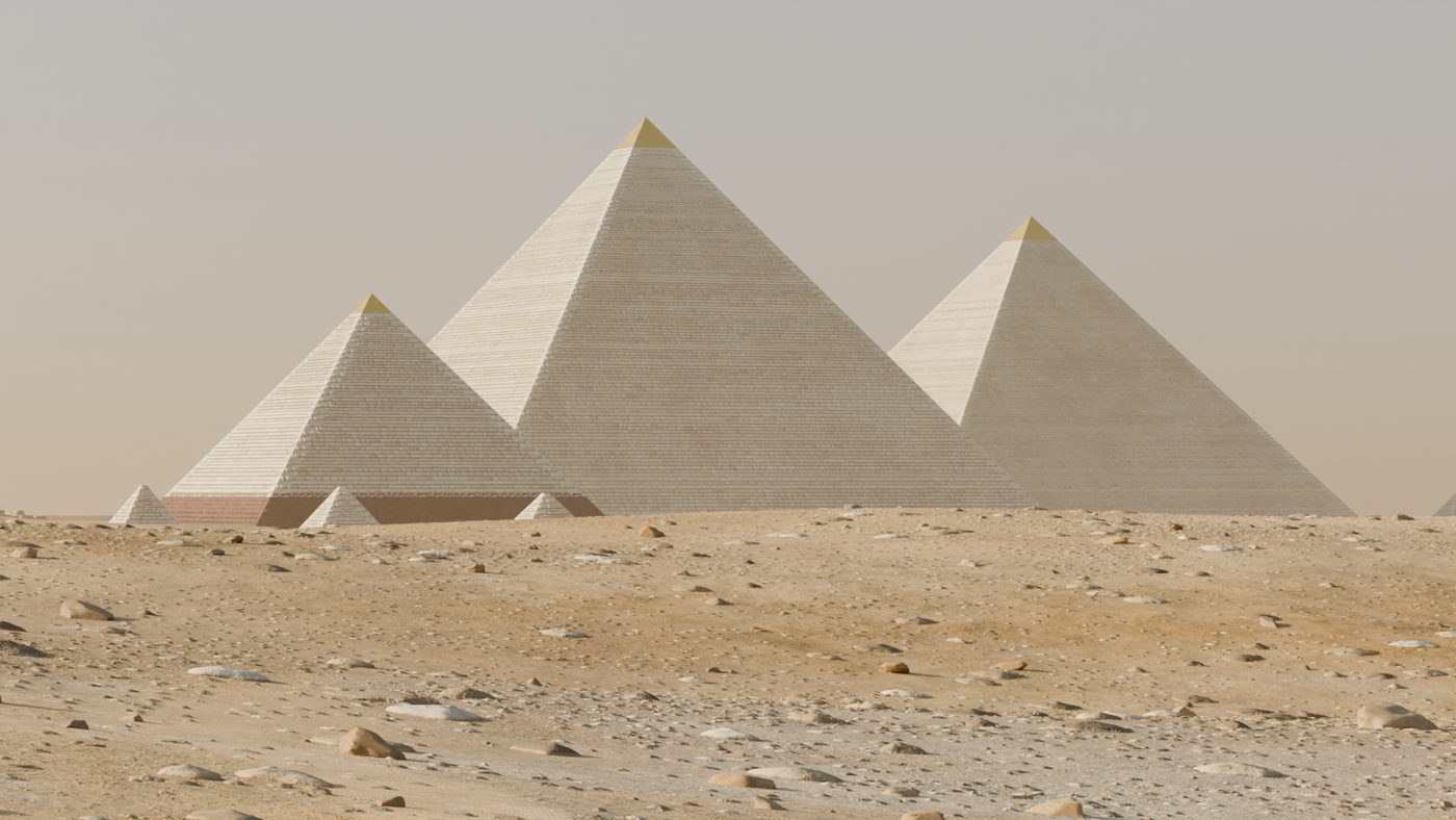 The pyramids in fresh white limestone casing with small gilded caps over a desert plateau.