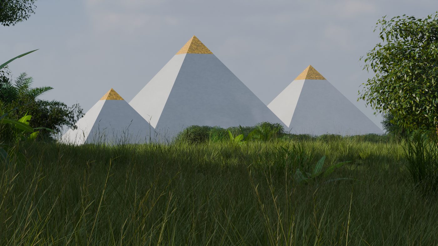 The three pyramids, white and gold-capped, above tall grass and tropical trees.