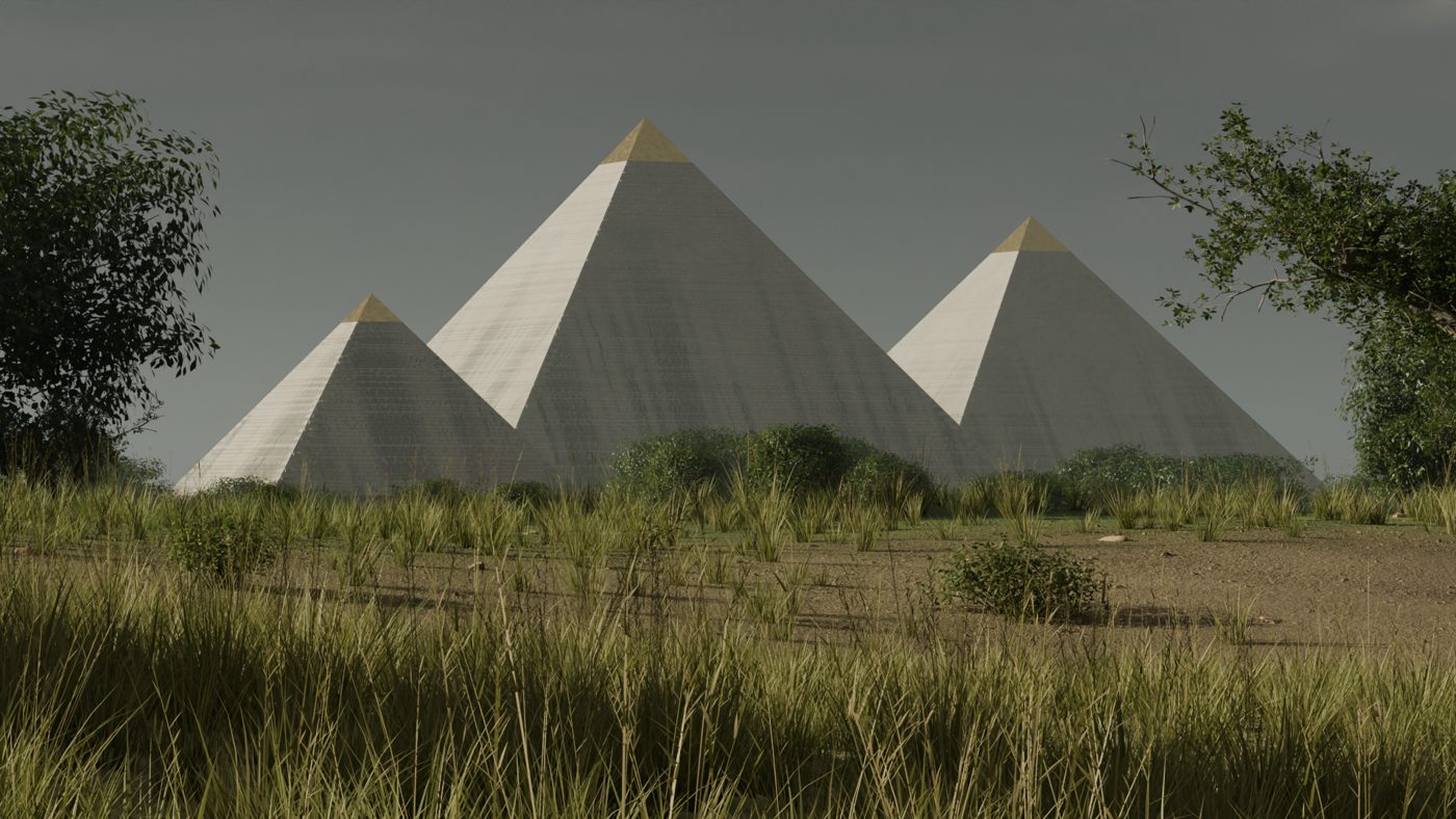 The pyramids weathered and rain-streaked in a wooded valley.