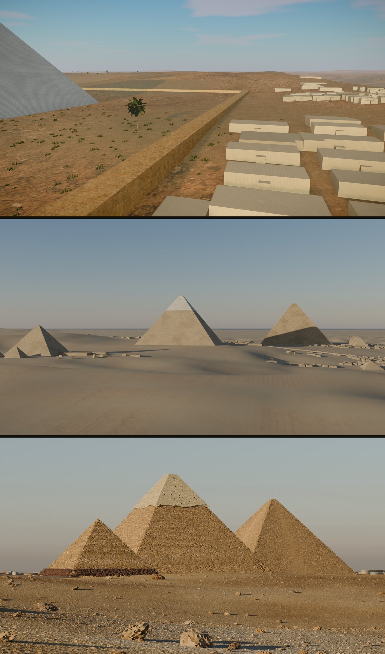 Three frames of the Giza plateau: the old web viewer with flat boxes, the old Blender render with smooth pyramids, and the new render with pyramids laid from weathered blocks.