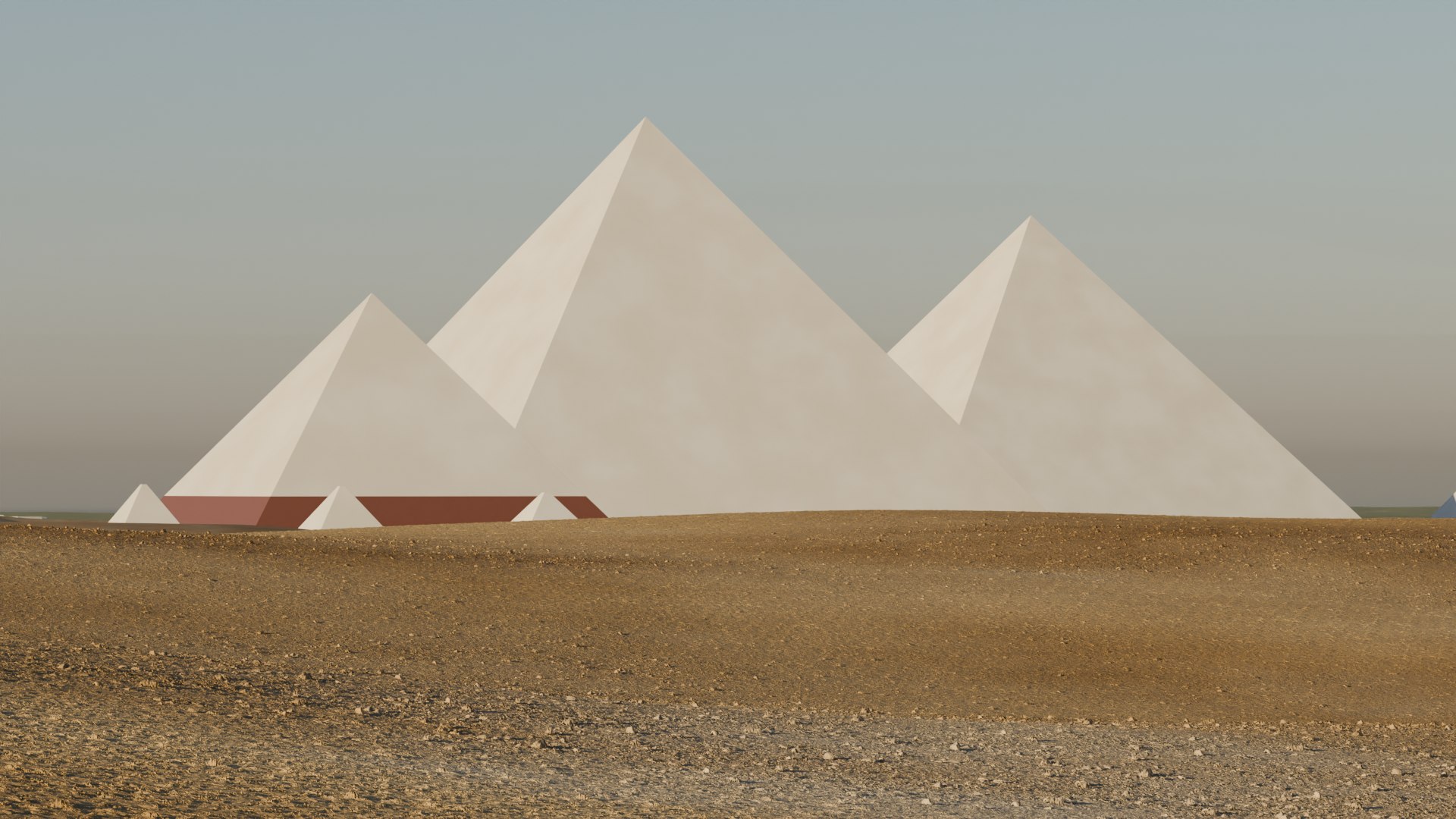 The three pyramids as built, cased in white limestone, at golden hour.